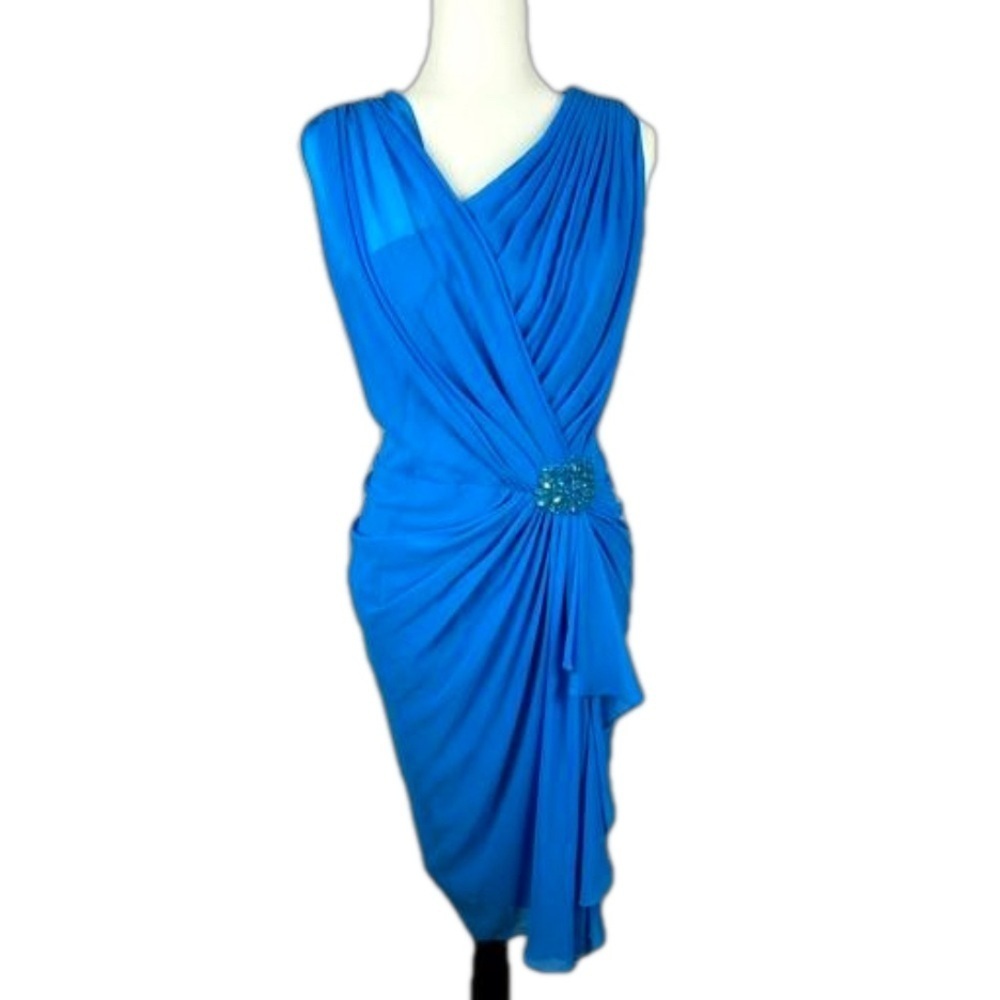 Tadashi Shoji Vibrant Blue Draped Midi Dress with Beaded Waist